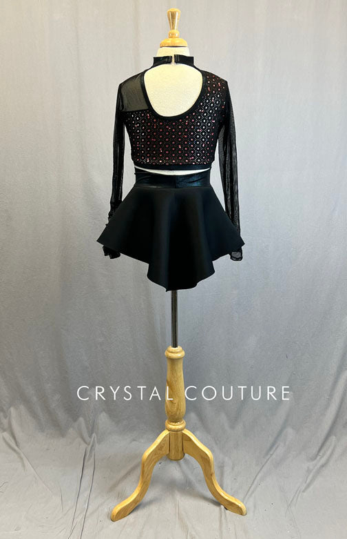 Black Laser Cut Top with Peach Lining and Black Half Skirt - Rhinestones