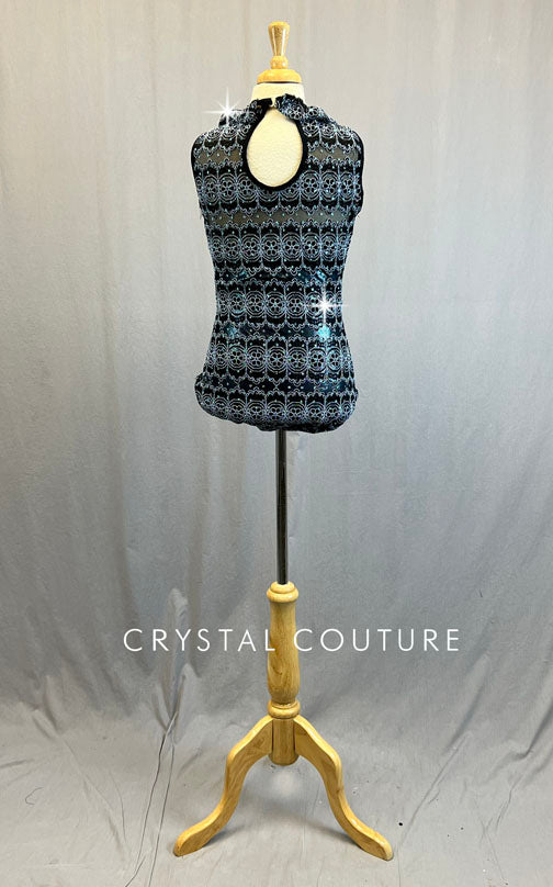 Custom Holographic Blue and Black Leotard with Embroidered Lace - Rhinestones