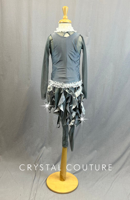 Custom Grey Swirl Vest with Spiral Cut Skirt and White Ruffle Chest - Rhinestones