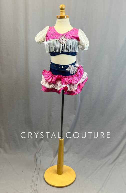Custom Pink & Denim Cowgirl Inspired Two Piece with Layered Ruffle Skirt and Fringe - Rhinestones
