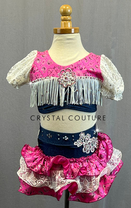 Custom Pink & Denim Cowgirl Inspired Two Piece with Layered Ruffle Skirt and Fringe - Rhinestones