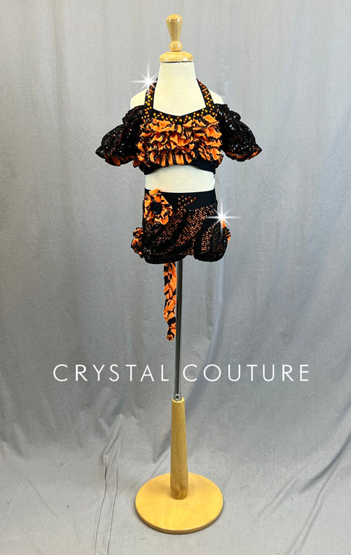Custom Black & Orange Tiger Inspired Two Piece with Ruffles and Off Shoulder Puff Sleeves - Rhinestones
