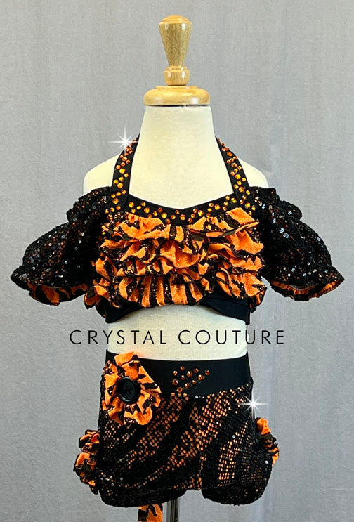 Custom Black & Orange Tiger Inspired Two Piece with Ruffles and Off Shoulder Puff Sleeves - Rhinestones