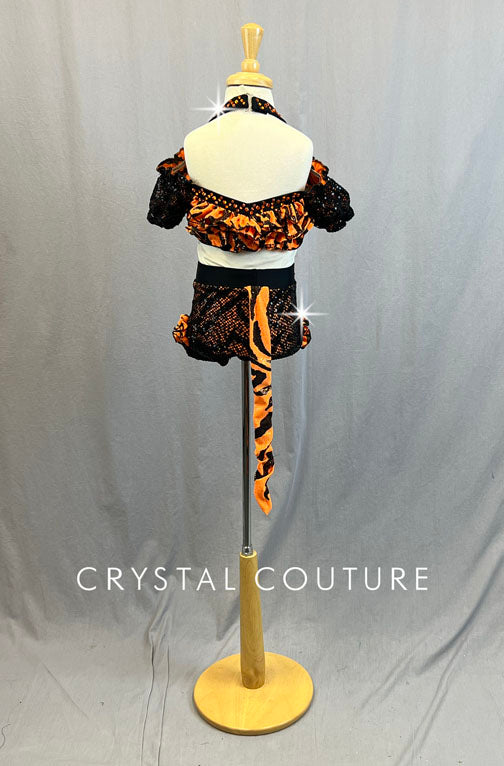 Custom Black & Orange Tiger Inspired Two Piece with Ruffles and Off Shoulder Puff Sleeves - Rhinestones