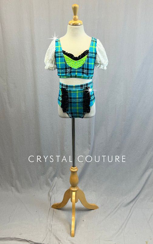 Custom Aqua & Lime Green Plaid Two PIece with White Lace Puff Sleeves - Rhinestones