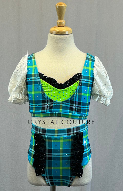 Custom Aqua & Lime Green Plaid Two PIece with White Lace Puff Sleeves - Rhinestones