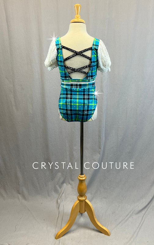 Custom Aqua & Lime Green Plaid Two PIece with White Lace Puff Sleeves - Rhinestones