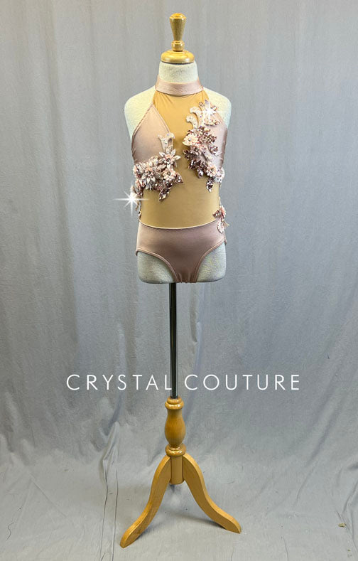 Custom Light Mauve Halter Leotard with Nude Mesh Torso and Appliques - Rhinestones