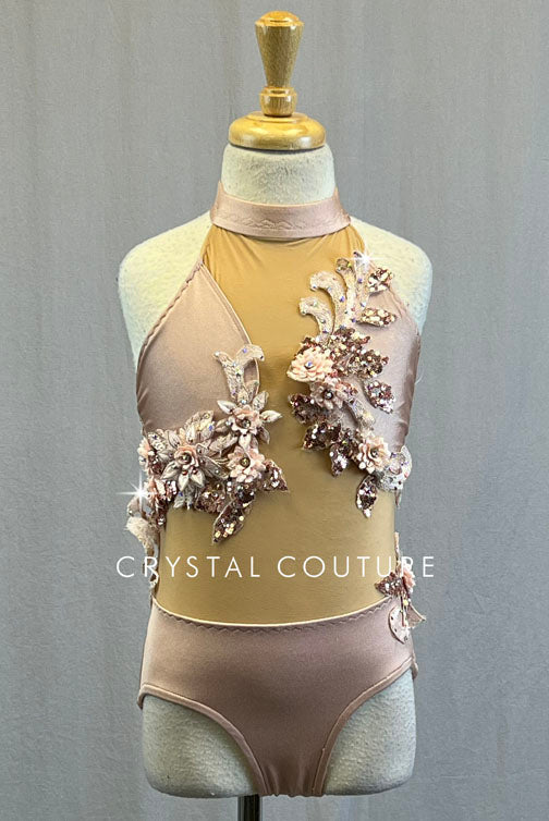 Custom Light Mauve Halter Leotard with Nude Mesh Torso and Appliques - Rhinestones