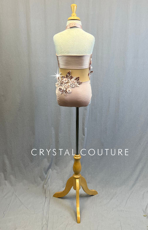 Custom Light Mauve Halter Leotard with Nude Mesh Torso and Appliques - Rhinestones