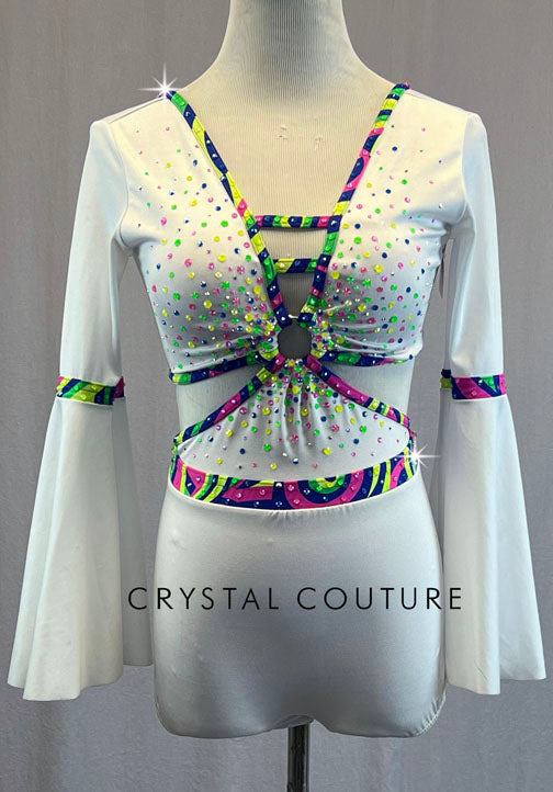 Custom White Flare Sleeve Biketard with Multi Colored Swirl Edges - Rhinestones
