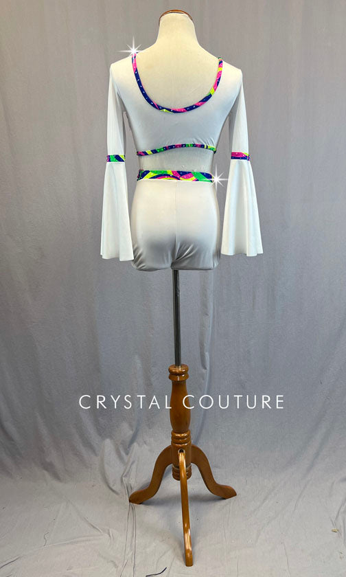 Custom White Flare Sleeve Biketard with Multi Colored Swirl Edges - Rhinestones