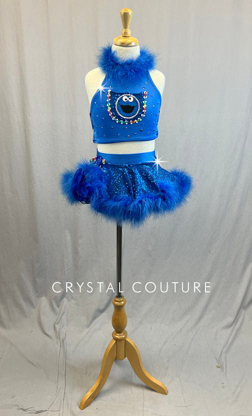 Custom Blue Cookie Monster Two Piece with Circle Skirt and Fur Trim - Rhinestones