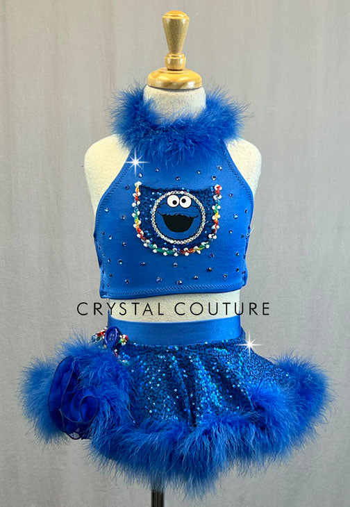 Custom Blue Cookie Monster Two Piece with Circle Skirt and Fur Trim - Rhinestones