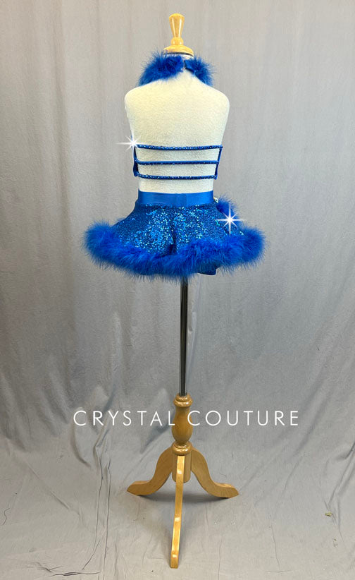 Custom Blue Cookie Monster Two Piece with Circle Skirt and Fur Trim - Rhinestones