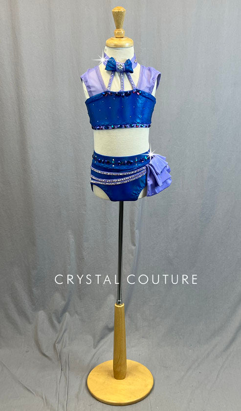 Custom Royal Blue & Lilac Two Piece with Ruffled Side Bustle - Rhinestones