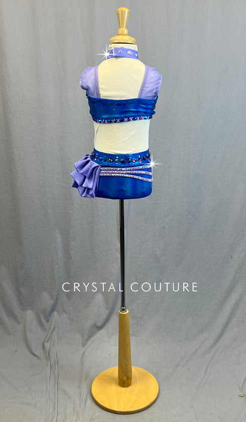 Custom Royal Blue & Lilac Two Piece with Ruffled Side Bustle - Rhinestones