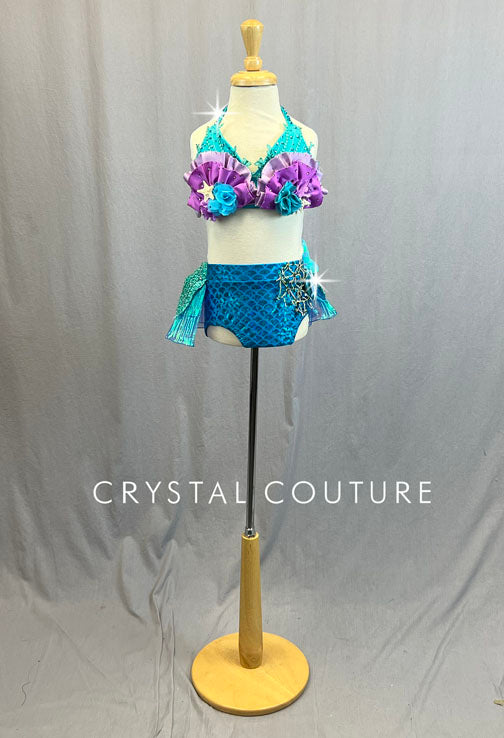 Custom Purple, Teal & Blue Mermaid Inspired Two PIece with iridescent Back Skirt - Rhinestones