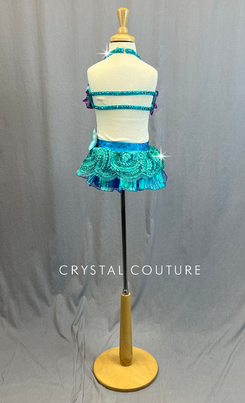 Custom Purple, Teal & Blue Mermaid Inspired Two PIece with iridescent Back Skirt - Rhinestones