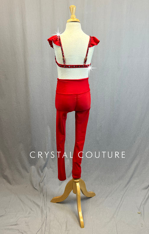 Red & Black Ruffle Top with Tie Front Waisted Leggings - Rhinestones