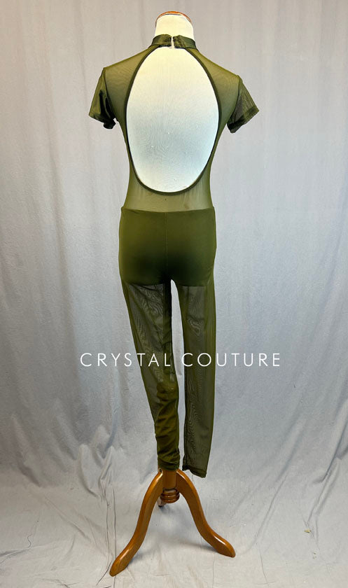 Olive Green Asymmetrical Unitard with Mesh Leggings and Inserts