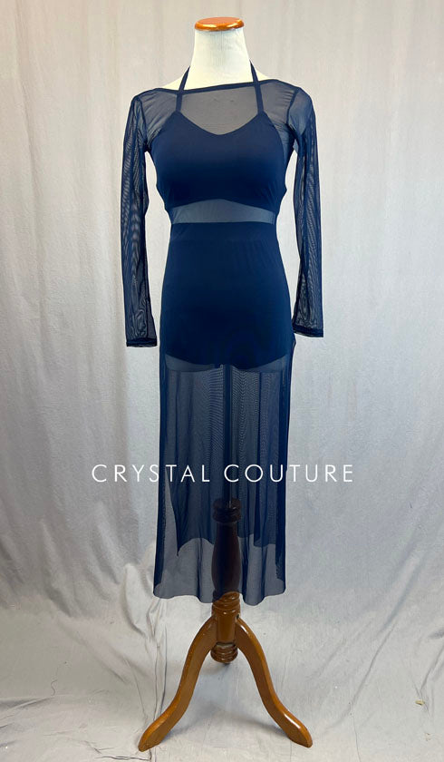 Custom Navy Blue Long Mesh Dress with Halter Bra Top and Booty Shorts - Rhinestones