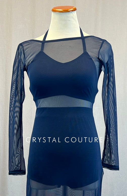 Custom Navy Blue Long Mesh Dress with Halter Bra Top and Booty Shorts - Rhinestones