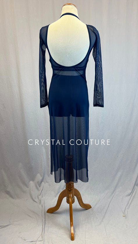 Custom Navy Blue Long Mesh Dress with Halter Bra Top and Booty Shorts - Rhinestones