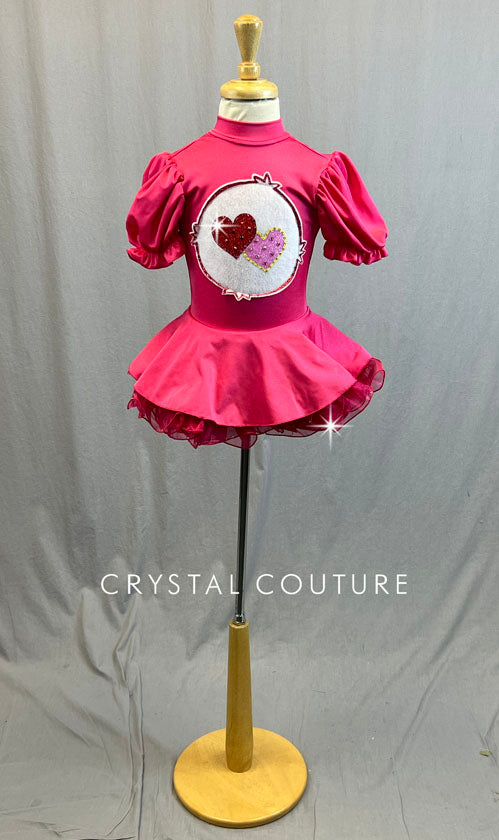 Custom Pink Care Bear Puff Sleeve Dress with Circle Skirt and Crinoline - Rhinestones