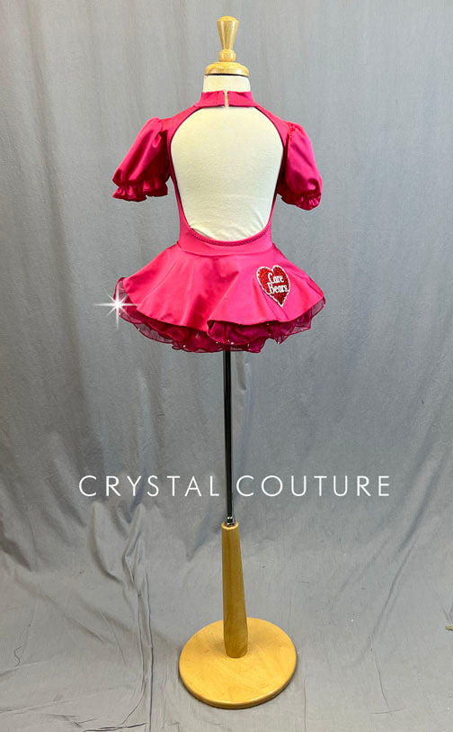 Custom Pink Care Bear Puff Sleeve Dress with Circle Skirt and Crinoline - Rhinestones