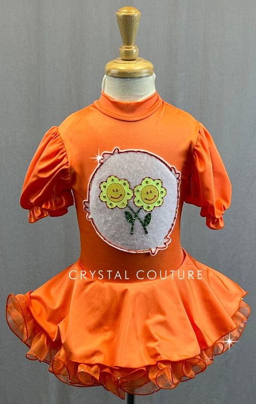 Custom Orange Care Bear Puff Sleeve Dress with Circle Skirt and Crinoline - Rhinestones