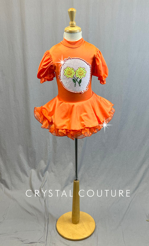 Custom Orange Care Bear Puff Sleeve Dress with Circle Skirt and Crinoline - Rhinestones