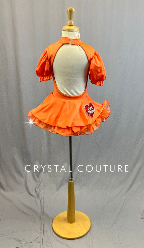 Custom Orange Care Bear Puff Sleeve Dress with Circle Skirt and Crinoline - Rhinestones