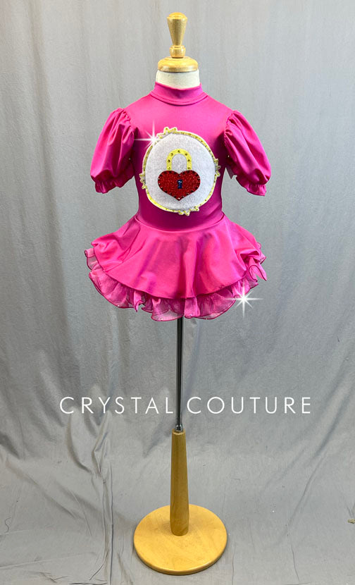 Custom Hot Pink Care Bear Puff Sleeve Dress with Circle Skirt and Crinoline - Rhinestones