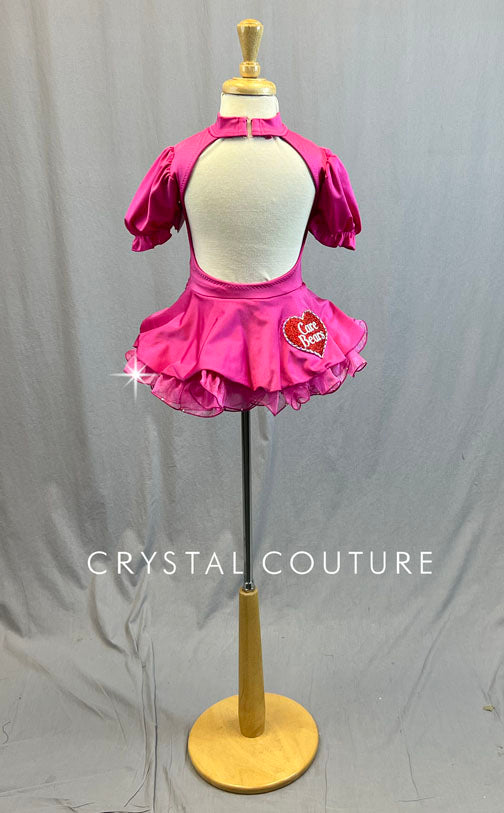 Custom Hot Pink Care Bear Puff Sleeve Dress with Circle Skirt and Crinoline - Rhinestones
