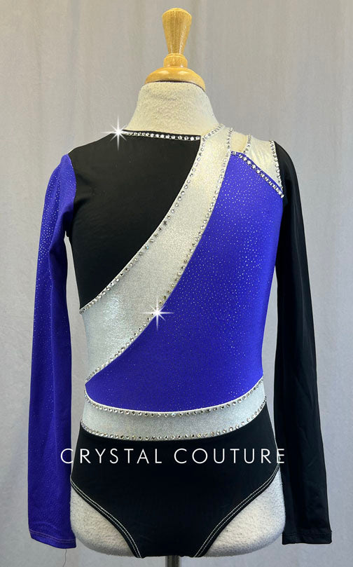 Purple, Silver & Black Long Sleeve Color Block Leotard - Rhinestones