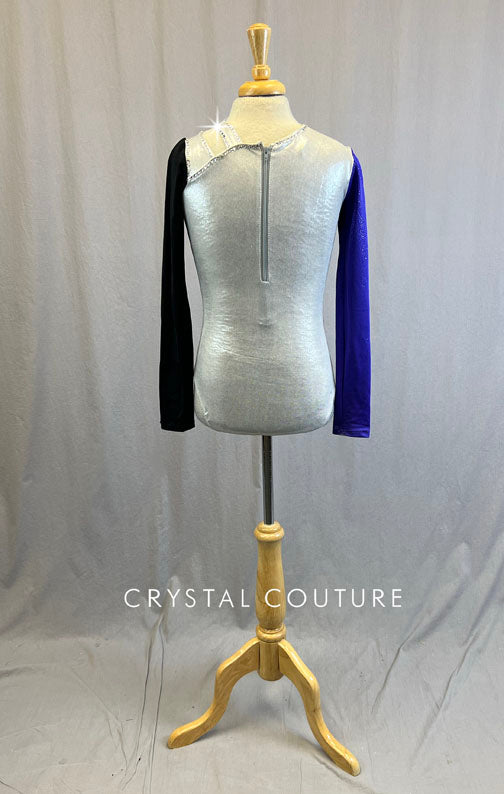 Purple, Silver & Black Long Sleeve Color Block Leotard - Rhinestones