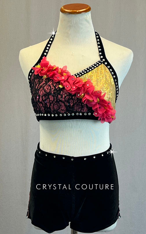 Custom Pink & Gold Two Piece with Black Lace and Velvet - Rhinestones