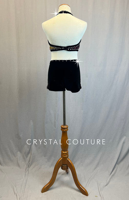 Custom Pink & Gold Two Piece with Black Lace and Velvet - Rhinestones