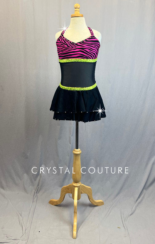 Custom Pink & Black Zebra Top with Black Mesh Midriff and Skirt - Rhinestones