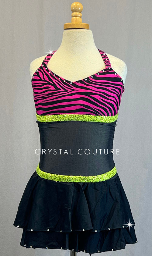 Custom Pink & Black Zebra Top with Black Mesh Midriff and Skirt - Rhinestones
