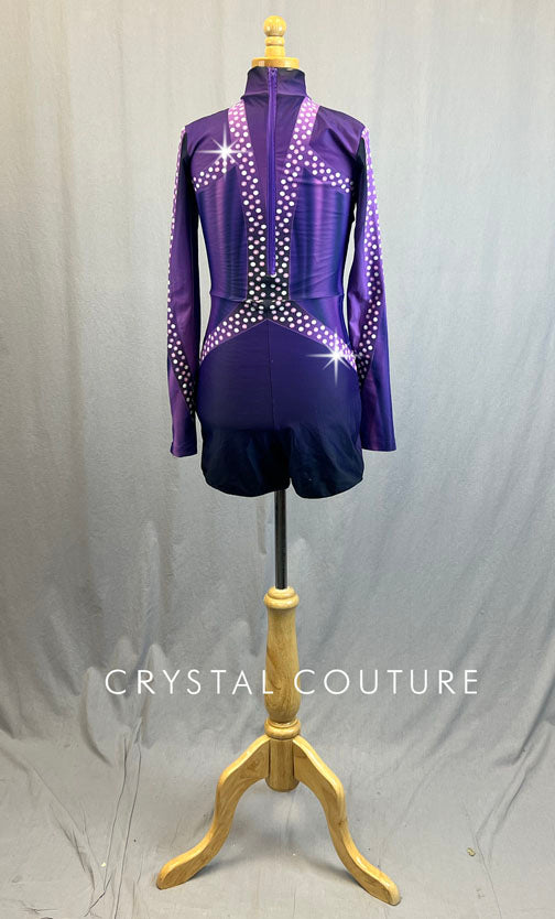 Purple Dot Mock Neck Biketard - Rhinestones