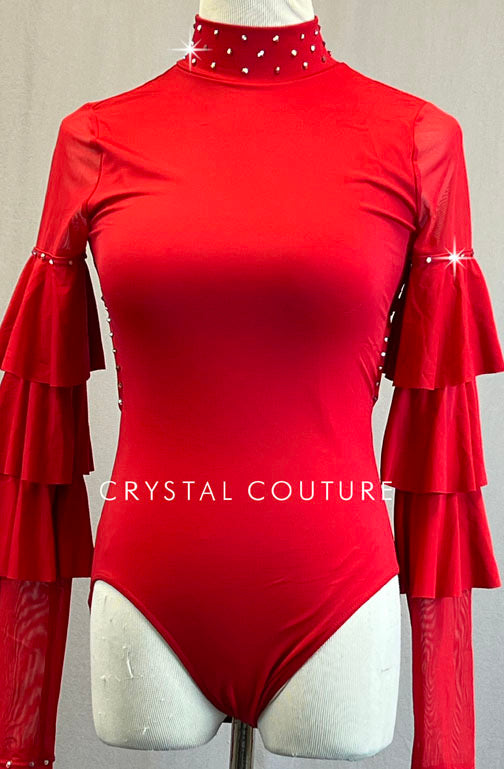 Red Ruffle Sleeve Mock Neck Leotard