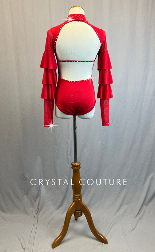 Red Ruffle Sleeve Mock Neck Leotard