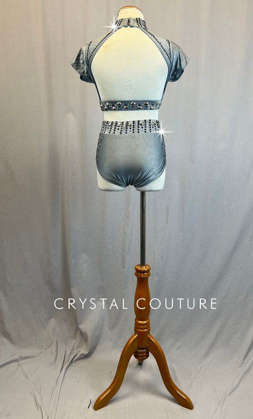 Light Grey Short Sleeved Two Piece with Mesh Chest - Rhinestones