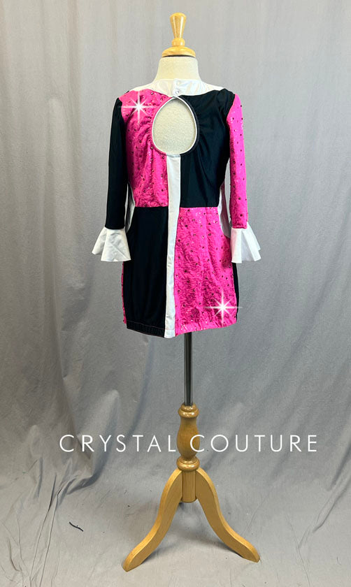 Black & Hot Pink Color Block Dress with White Flutter Cuff - Rhinestones