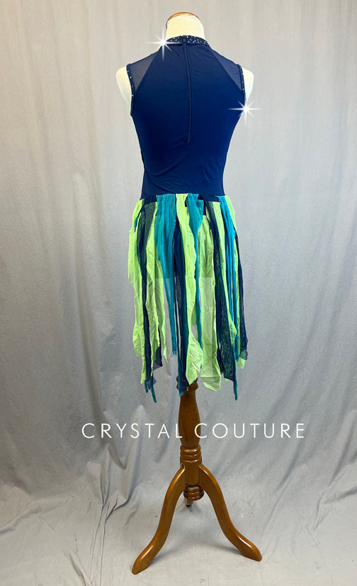 Navy Blue Mock Neck Leotard with Green Strip Back Skirt - Rhinestones