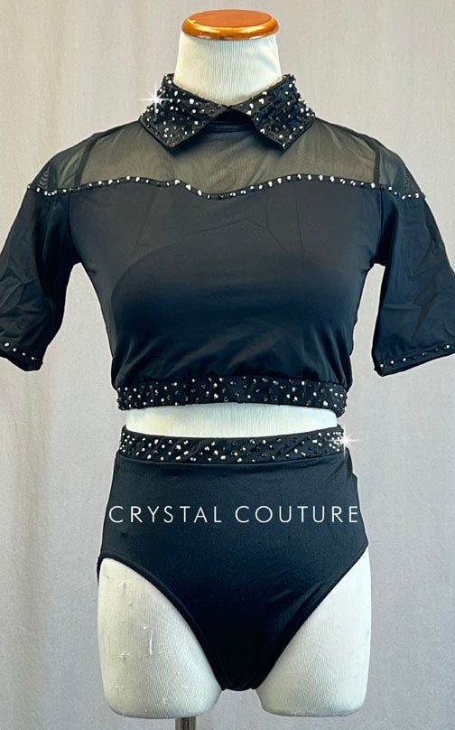 Black Collared Top and Trunks with Mesh Shoulders - Rhinestones