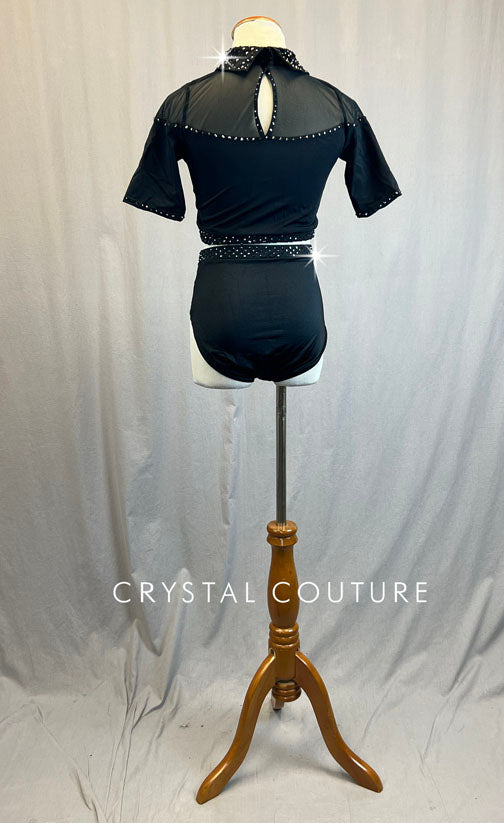 Black Collared Top and Trunks with Mesh Shoulders - Rhinestones