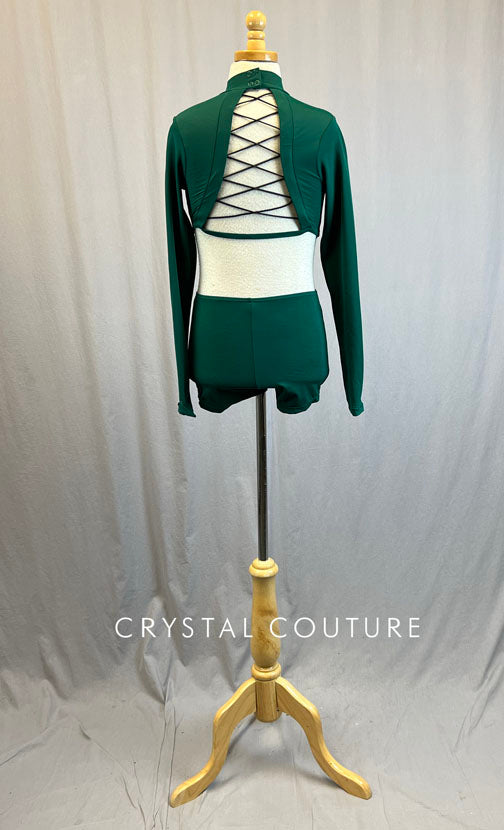 Brand New- Emerald Green Mock Neck Biketard with Lace Up Back